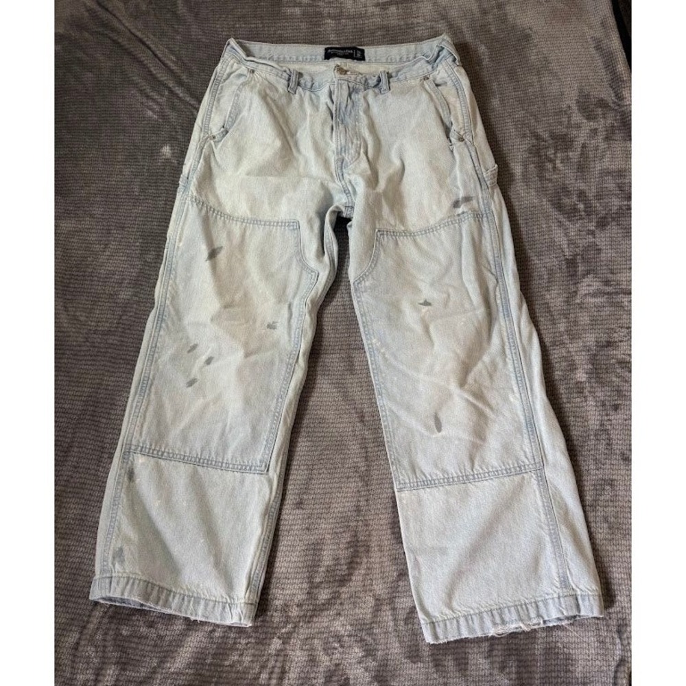 Abercrombie & Fitch Mens Baggy Double Knee Workwear Jeans Light Wash 33x28
